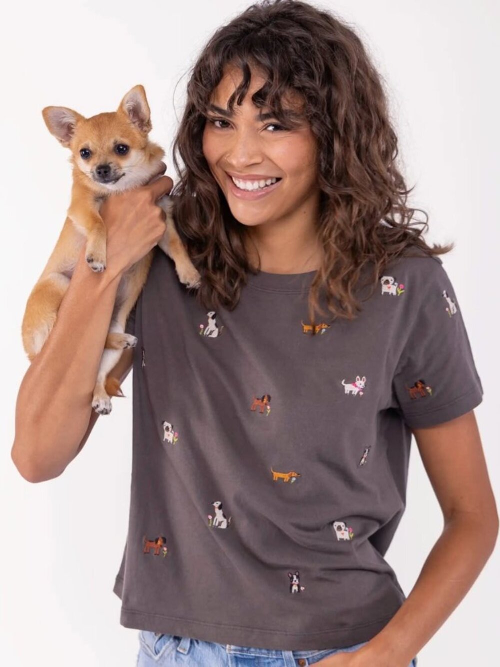 Natural Life Fave Things Pets Embroidered Tee in Dark Gray